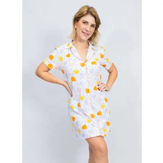 Camisola Feminina modelo Americano Abertura com Botões Manga Curta Amamentação-Corações Coloridos