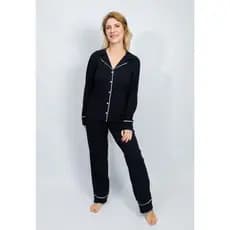 Pijama Feminino Americano Longo Abertura com Botões  Algodão Amamentação Pós-Cirurgico-Preto
