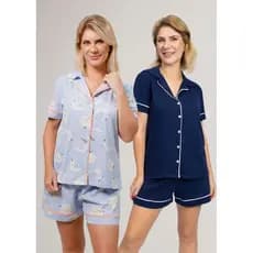 KIT 2 Pijamas Americanos Curtos Feminino Algodão Verão Estampa: Lua Azul + Marinho