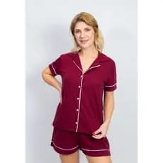 Pijama Feminino Curto modelo Americano Abertura com Botões Algodão Amamentação Maternidade-Bordô