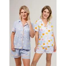 KIT 2 Pijamas Americanos Curtos Feminino Algodão Verão Estampa: Lua Azul + Coração Colorido