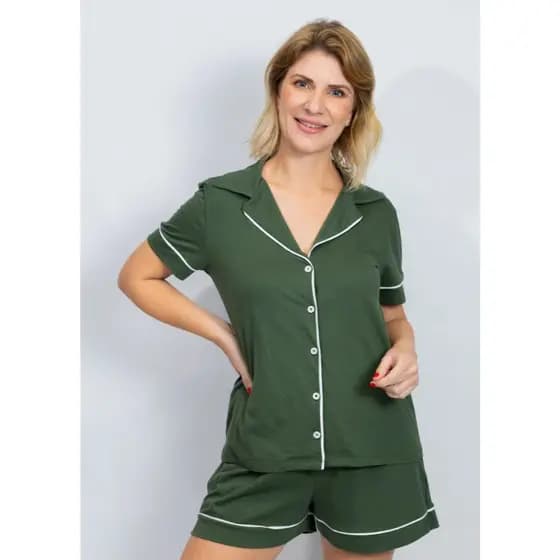 Pijama Feminino Curto modelo Americano Abertura com Botões Algodão Amamentação - Verde Militar