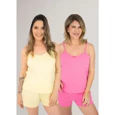 KIT 2 Pijamas Femininos de Alcinha em Algodão Cor: Pink + Amarelo