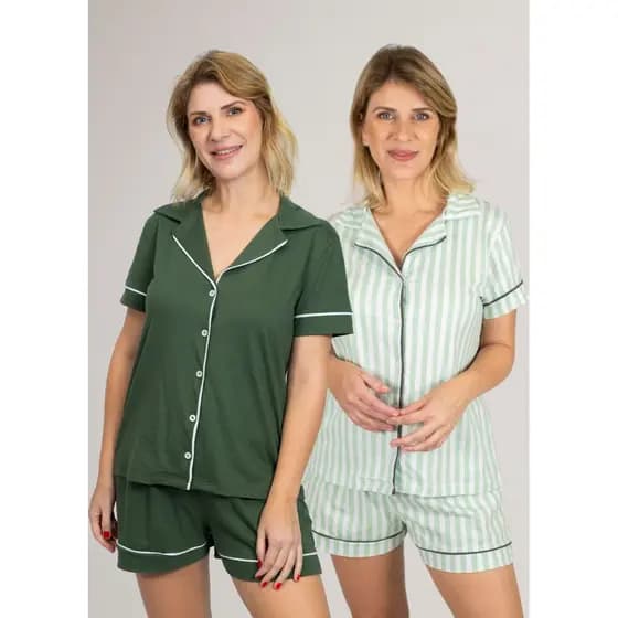 KIT 2 Pijamas Americanos Curtos Feminino Algodão Verão Estampa: Militar +  Listrado Verde