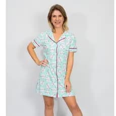 Camisola Feminina modelo Americano Abertura com Botões Manga Curta Amamentação- Gatinhos Verde