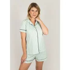 Pijama Feminino Curto modelo Americano Abertura com Botões Algodão Amamentação  - Listrado Verde