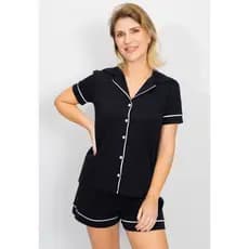 Pijama Feminino Curto modelo Americano Abertura com Botões Algodão Amamentação Pós-Cirurgico-Preto