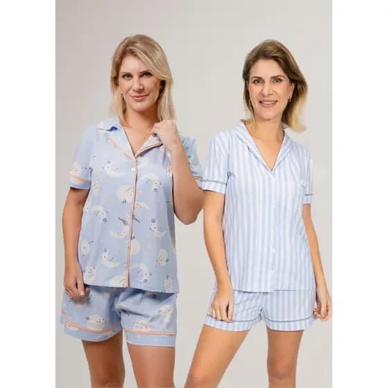 KIT 2 Pijamas Americanos Curtos Feminino Algodão Verão Estampa: Lua Azul + Listrado Azul