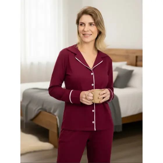 Pijama Feminino Americano Longo Abertura com Botões  Algodão Amamentação Pós-Cirurgico-Bordô