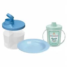 Kit baby prato porta leite em pó copo com alça bichinhos