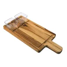Tábua de Teca com Cabo e 2 Molheiras Petisqueira Gourmet Servir Churrasco Frios e Petiscos