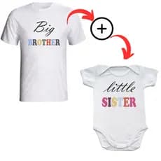 Kit Camiseta Infantil Big Brother + Body de Bebê com Frase: Little Sister
