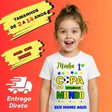 Camiseta Infantil Com Nome Minha 1 Copa Do Mundo Brasil Torcedor Baby T-Shirt Estampada 2 A 14 Anos
