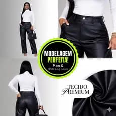 Calça Feminina Pantalona Couro Fake Wide Leg Cintura Alta Bolso Traseiro Casual Tendência P M G Top