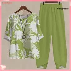 [NP] 2Pcs/Set Blusa Calça De Pescoço Redondo Meia Manga Botão Elástico Cintura Casual Diária Vestuário Algodão Mistura Flor Impressão Pullover Top Mola