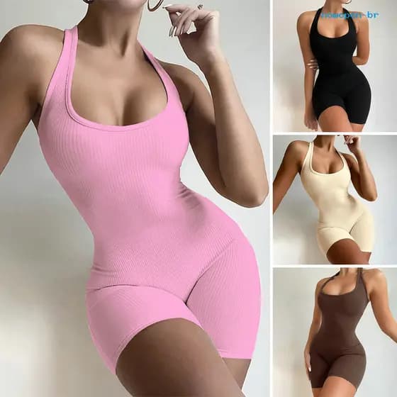[Agora] U-Neck Sem Mangas Racer Back Ribbed Yoga Macacão Cor Sólida Alta Elástica Bodycon Atividade Streetwear