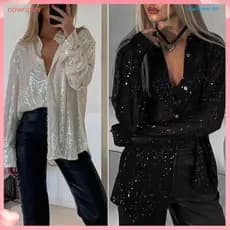 [Agora] Camisa Feminina De Lantejoulas Com Botões , Manga Comprida , Lapela , Blusa Brilhante , Casual , Solta , Para Tr