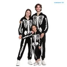 [Agora] Fantasia De Halloween Com Estampa De Esqueleto Luminoso , Pijama Combinando Para A Família , Manga Comprida , Ad