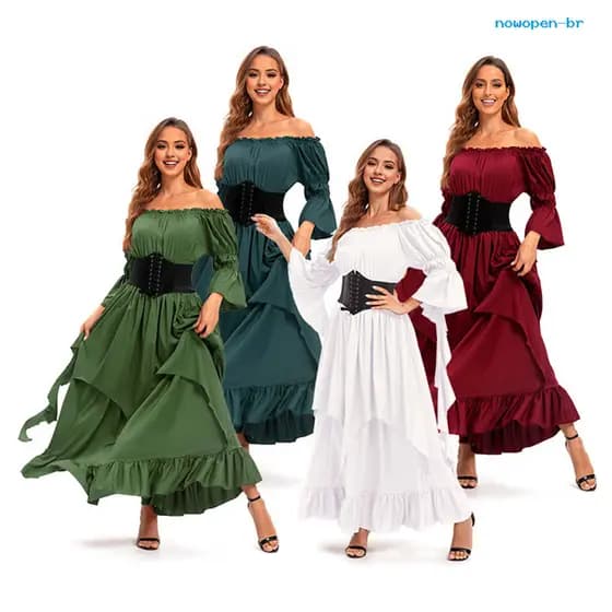[Agora] Vestido De Halloween Vintage Renascentista Medieval Vitoriano Pirata Baile Fora Do Ombro Mangas Sino Babado Plis