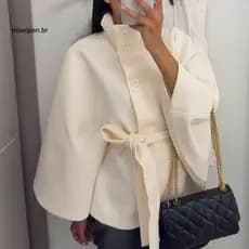 Feminine Silhouette Coat Women’s Wool Poncho with Batwing Sleeves Stand Collar Belted Cropped Cape Jacket – Stylish