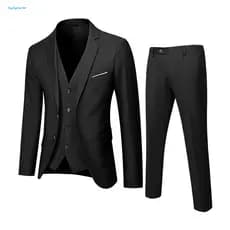 Men Suit Set Button Closure Jacket 3pcs Slim Fit – Formal Wedding Tuxedo Vest Pants Business Office Outfit Solid Color