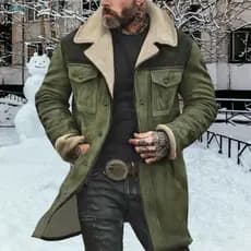 Men Coat Formal Lapel Men's Vintage Suede Motorcycle Jacket with Plush Long Sleeves Zipper Front Large Pockets Mid-lengt