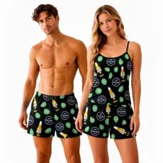 Kit Pijama Casal Feminino Samba Canção Namorados Estampa Mario