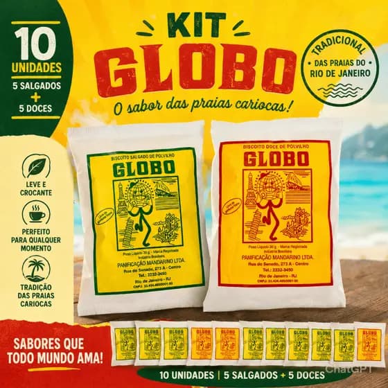 Biscoito Globo Doce e Salgado Kit com 10 Unidades Crocância Biscoito Sensaçao das Praias Cariocas