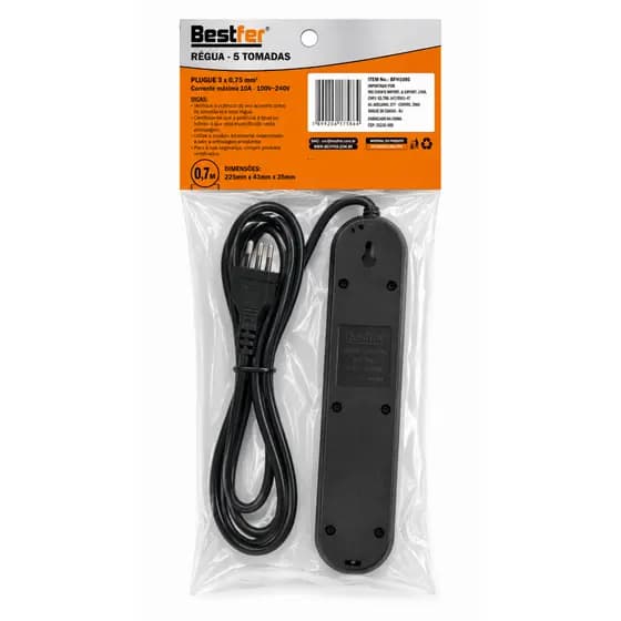 Régua Extensão Elétrica Filtro de Linha 5 Tomadas Preto Padrão BR 10A 0,70m Bestfer
