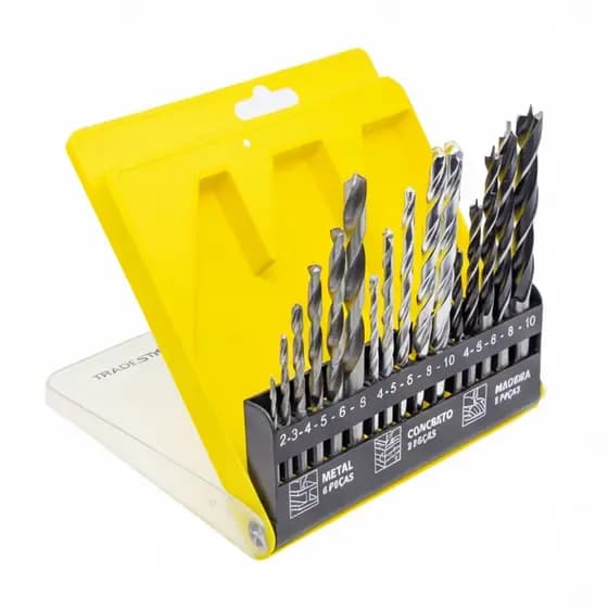 Kit de Brocas com 16 Peças C/ Estojo Para Madeira Ferro Concreto Metal Aço Furadeira Parafusadeira