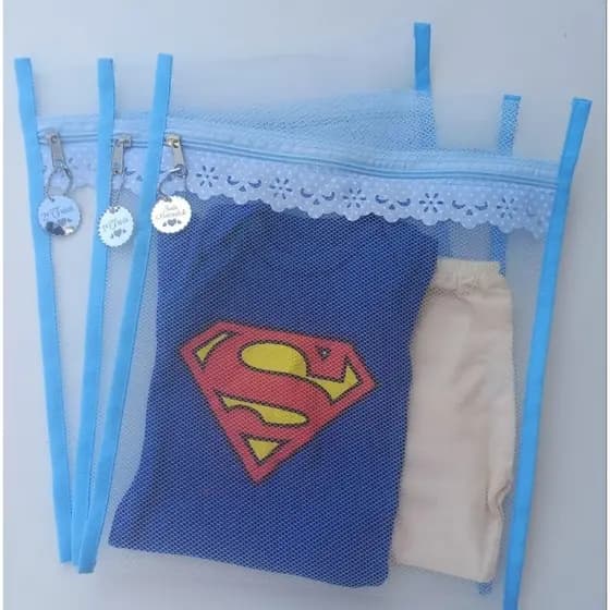 kit 3 saquinhos de maternidade com TAG para bolsa maternidade com TAG espelhado saquinhos azul de babado