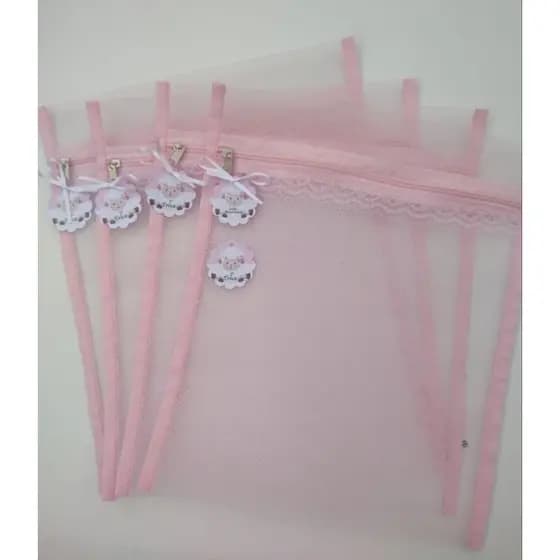kit 4 Saquinhos Maternidade para bolsa maternidade com TAG ovelhinha no papel fotográfico e saco com rendinha