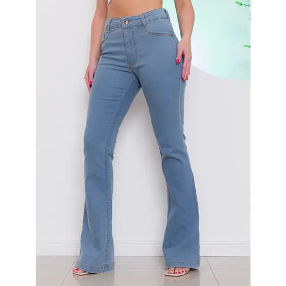Calça Jeans Flare Boca De Sino Feminina Cós Alto Com Lycra Elastano Tendência