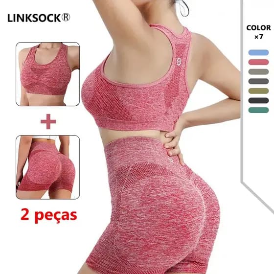 2 Peças Conjunto Top Sutiã Short Legging Levanta Bumbum Sem Costura Cintura Alta Feminino Academia
