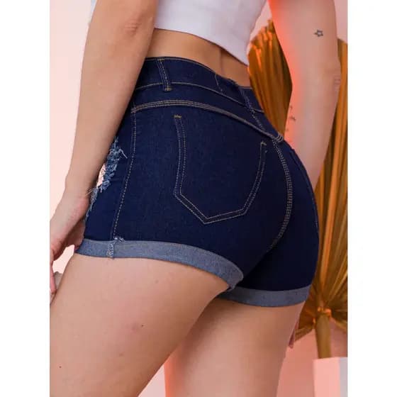 KIT 3 Short Jeans Feminino Cintura Alta Cós Alto Barra Dobrada da Moda Empina Bumbum