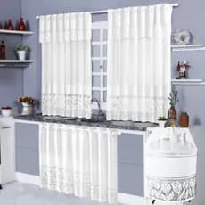 Kit Cortinas de Cozinha Cortina Janela 1,20x2,20m - Cort Pia 0,80x1,50m + Capa de Botijão Decoração Tulipa Branca