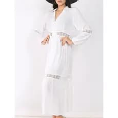 Vestido Saida De Praia Retalhos Renda Para Mulheres Lapela Manga Comprida Cintura Alta Elegância Femininos Moda