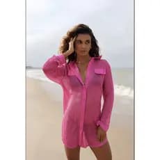 Camisa saída de praia de telinha - camisão feminino de praia, camisa de praia, chemise912