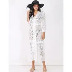 Saida De Praia Canga Kimono Longa Em Renda Com Botoes E Manga Comprida 647