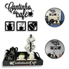 Kit Cantinho do Café Bandeja Grande + Placa Decorativa Em MDF Preta Diversos Ambientes