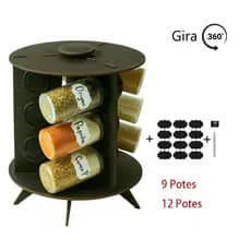 Porta Tempero Giratorio + 12 Potes + Caneta + Adesivos Suporte Especiarias MDF 360 Graus