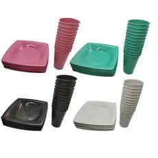 Kit  Pratos Quadrados +  Copos 300ml Reutilizável - Lanche, Refeições