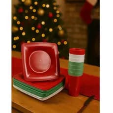 Kit Natal  Pratos Quadrados + Copos 300ml Reutilizável Mesa Natalina Lanche Refeições Festas