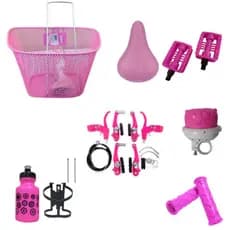 KIT P/ BICICLETA ARO 20 TODO ROSA CESTA ARAMADA + PEDAL ROSCA FINA + FREIO NYLON V-BRAKE + MANOPLAS + BUZINA + GARRAFA