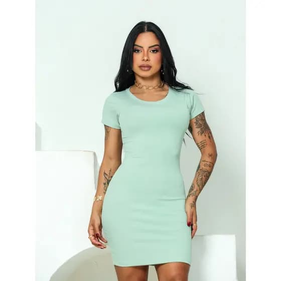 Vestido curto gola redonda malha Ribana canelado Tubinho - Tamanho único