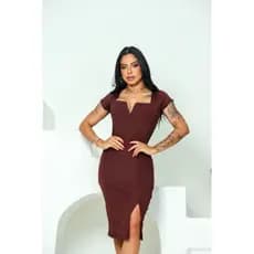 Vestido Midi Justo Feminino com Fenda Lateral e Decote Moderno