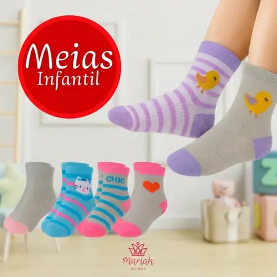 Kit 12 ou 6 Pares Meia Infantil Cano Longo Feminina Sortida