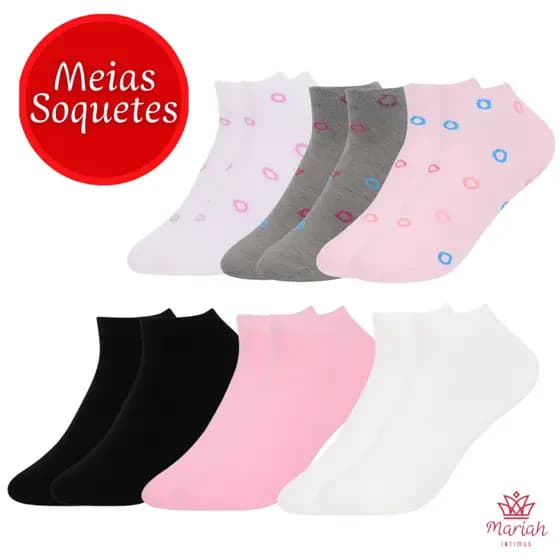 Kit 15/12 ou 6 Pares de Meia Soquete Feminina Respiráveis Adulto Sortidas