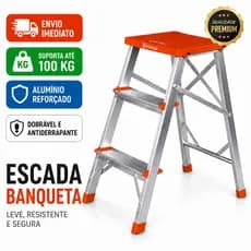 Escada Banqueta 3 Degraus Alumínio Dobrável Reforçada Antiderrapante 100kg Multiuso