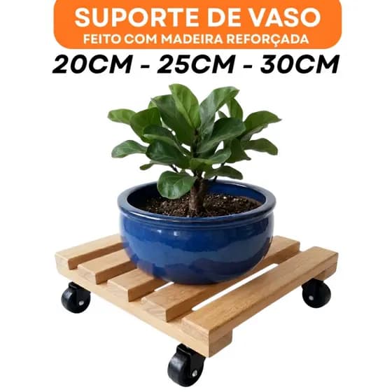 Suporte para Vaso com Rodinhas Rerforçadas Giratórias Madeira Pinus Reforçado para Plantas e Flores Anti Risco